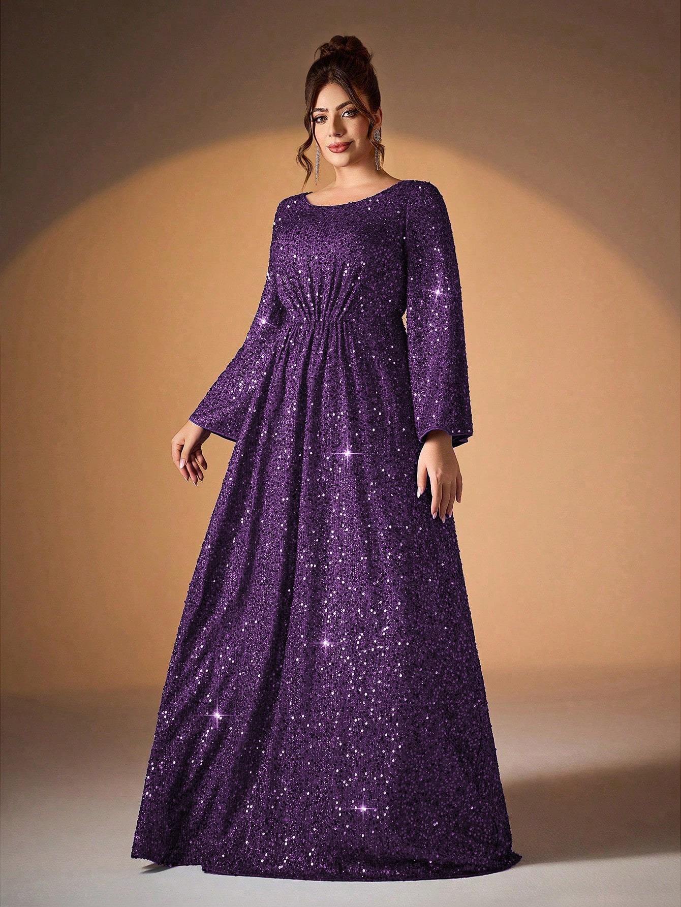 Leely Plus Women's Elegant Scoop Neck Flare Sleeve Sequins A-Line Dress