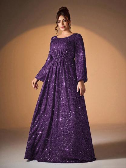 Leely Plus Women's Elegant Scoop Neck Flare Sleeve Sequins A-Line Dress