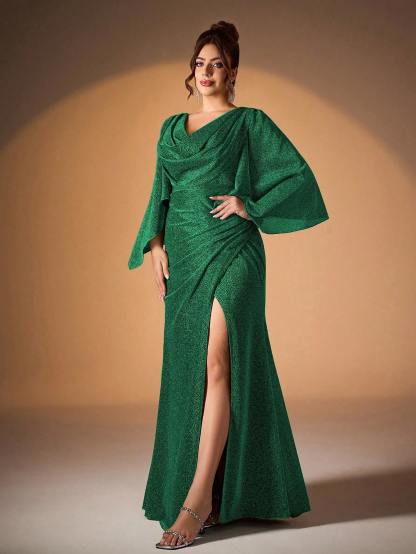Leely Plus Women's Elegant Cowl Neck Cloak Sleeve Dress