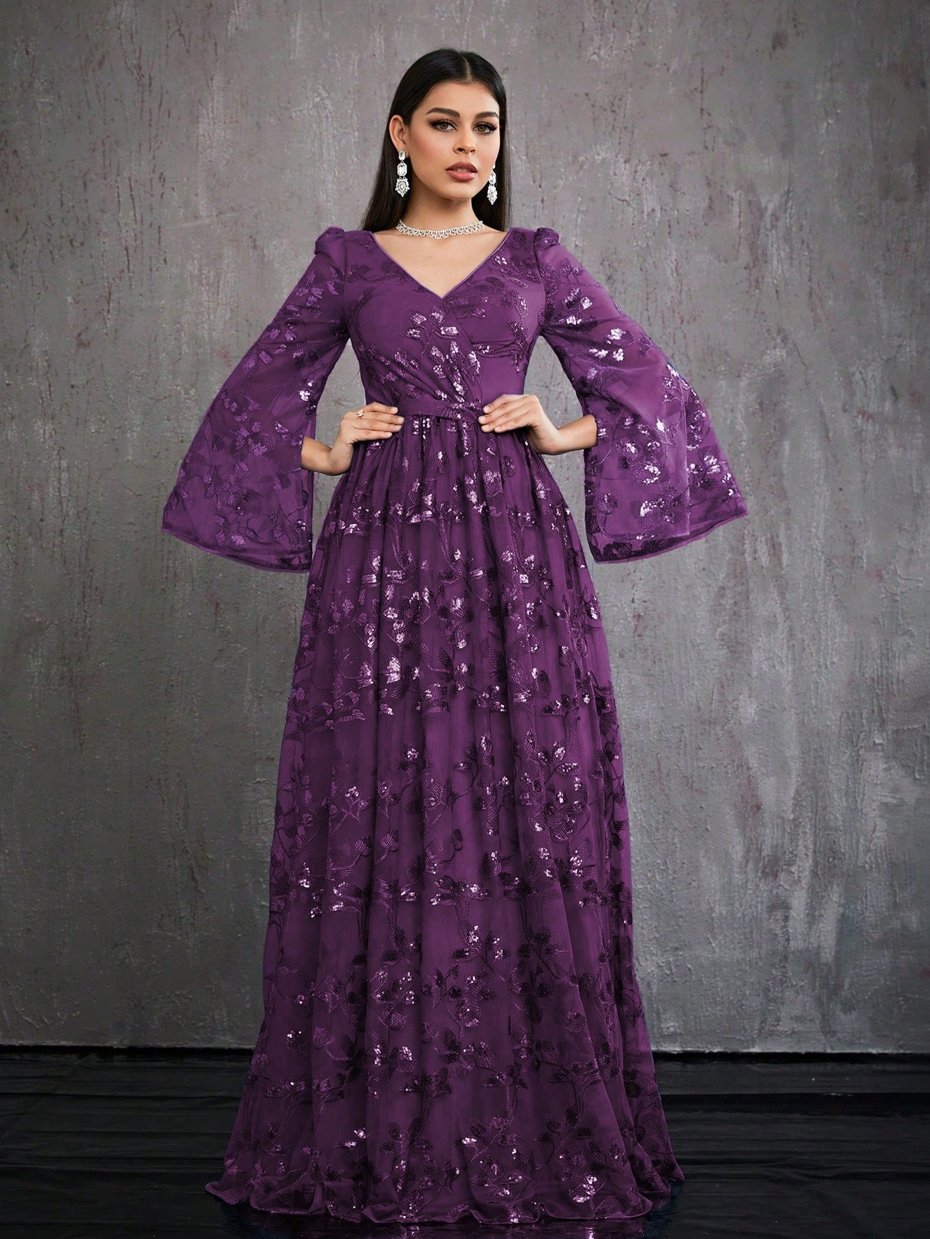Leely Women's Elegant V Neck Split Sleeve Prom Dress