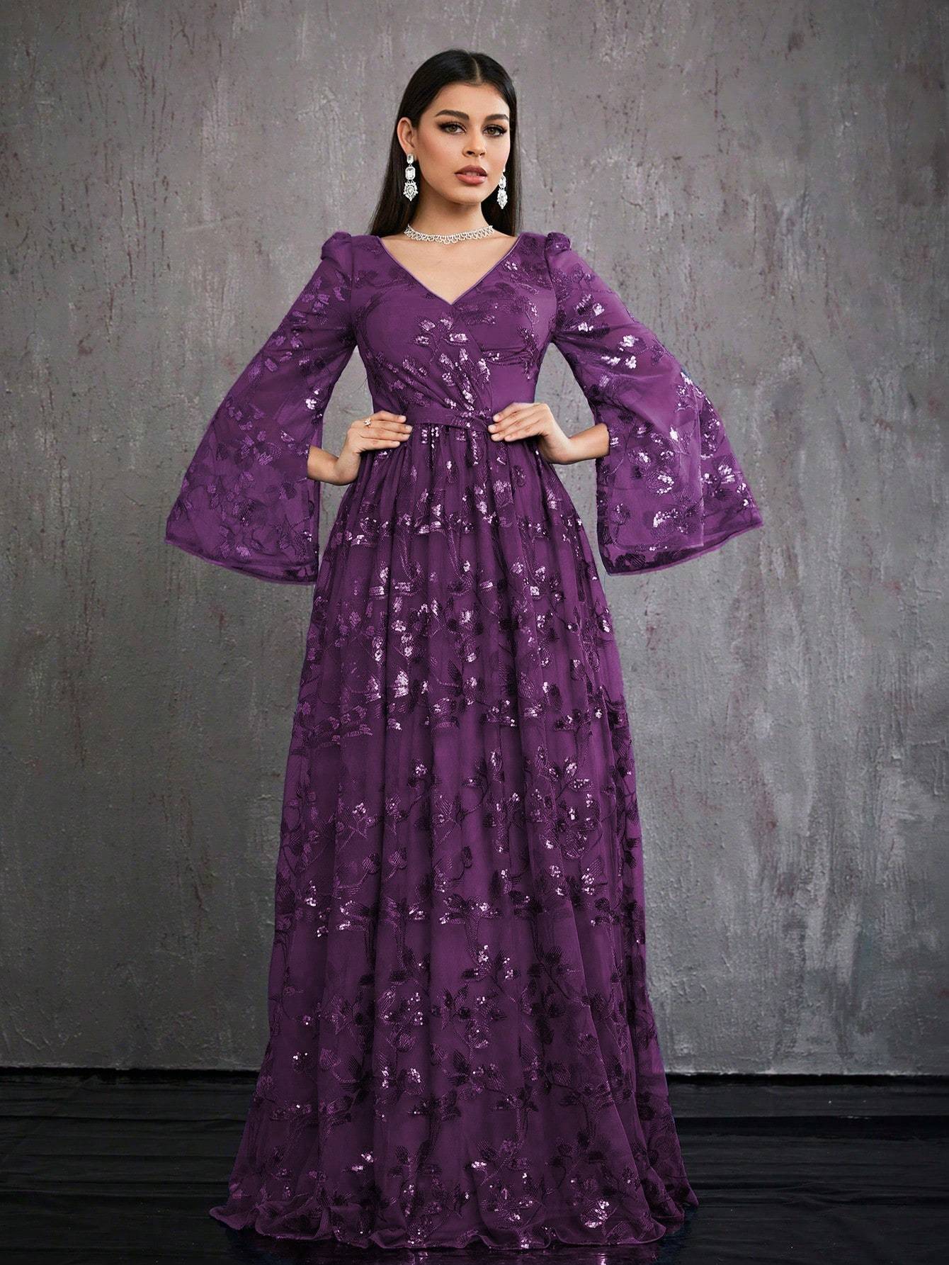 Leely Women's Elegant V Neck Split Sleeve Prom Dress