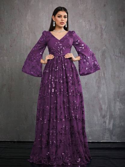 Leely Women's Elegant V Neck Split Sleeve Prom Dress