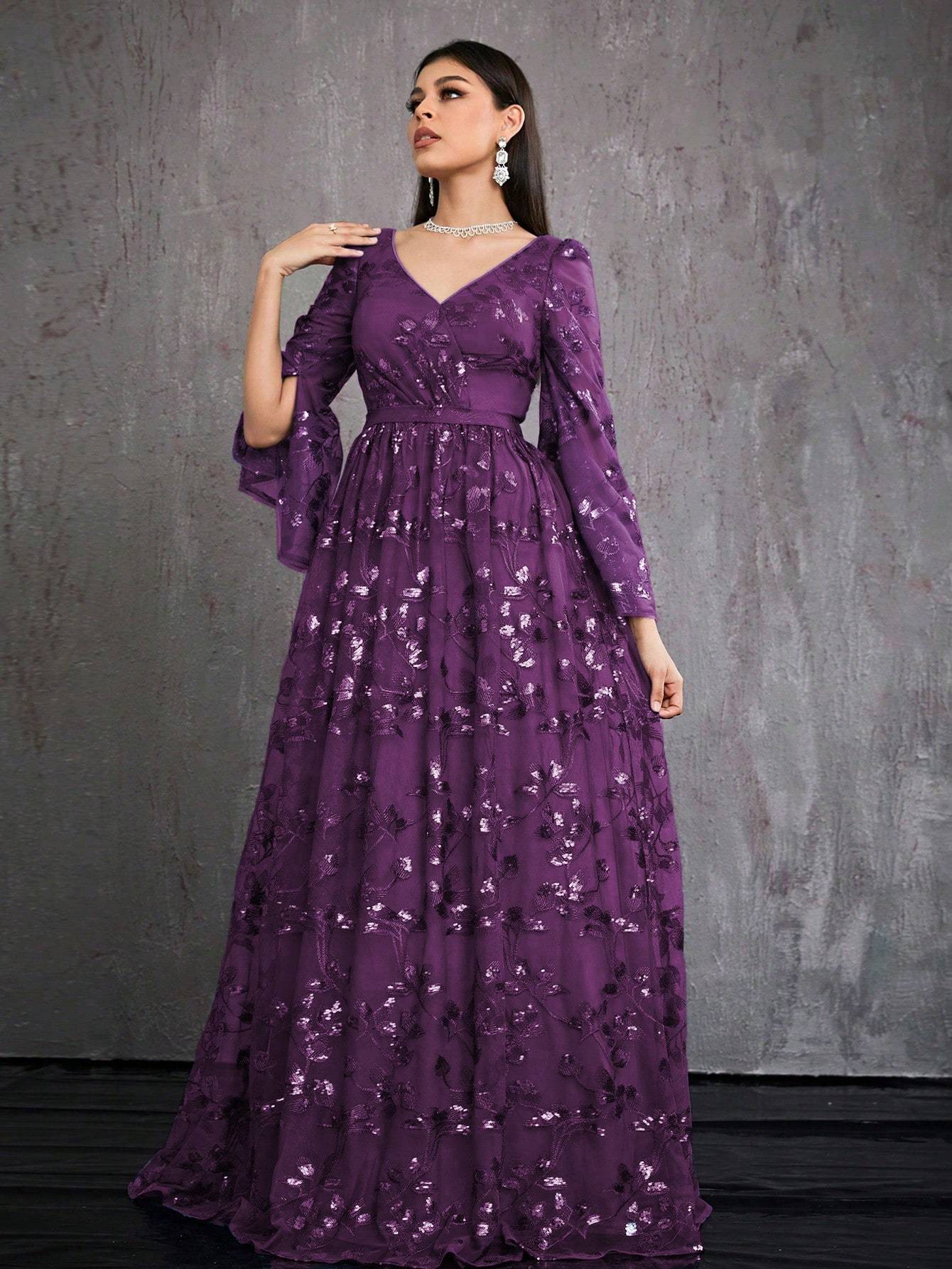 Leely Women's Elegant V Neck Split Sleeve Prom Dress