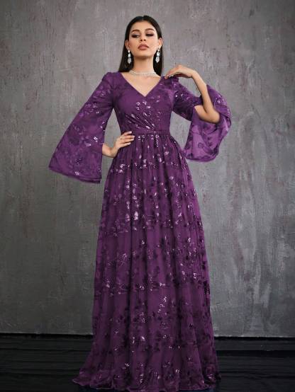 Leely Women's Elegant V Neck Split Sleeve Prom Dress