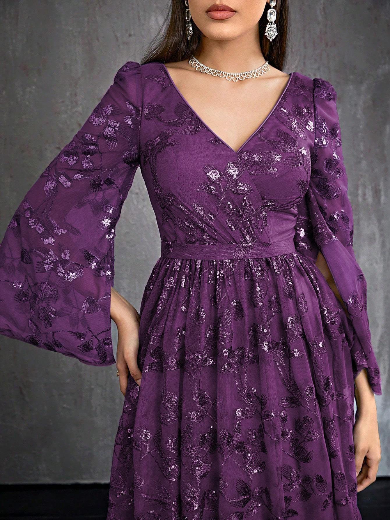 Leely Women's Elegant V Neck Split Sleeve Prom Dress