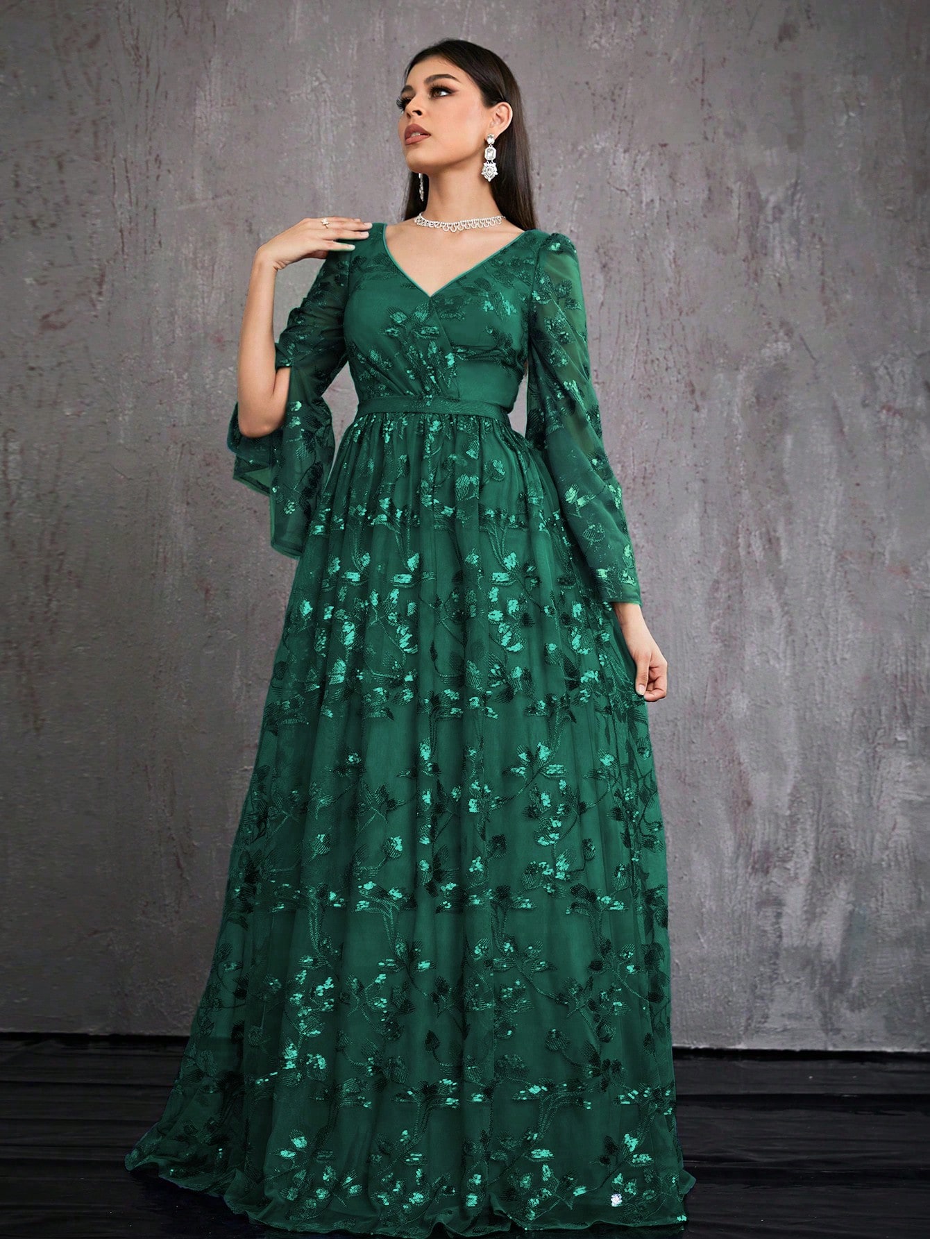 Leely Women's Elegant V Neck Split Sleeve Prom Dress