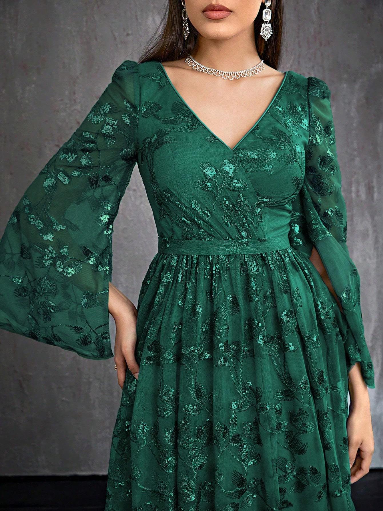 Leely Women's Elegant V Neck Split Sleeve Prom Dress
