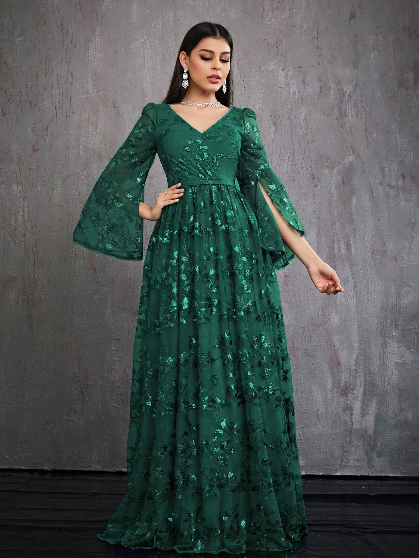 Leely Women's Elegant V Neck Split Sleeve Prom Dress