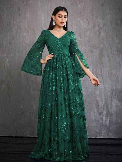 Leely Women's Elegant V Neck Split Sleeve Prom Dress