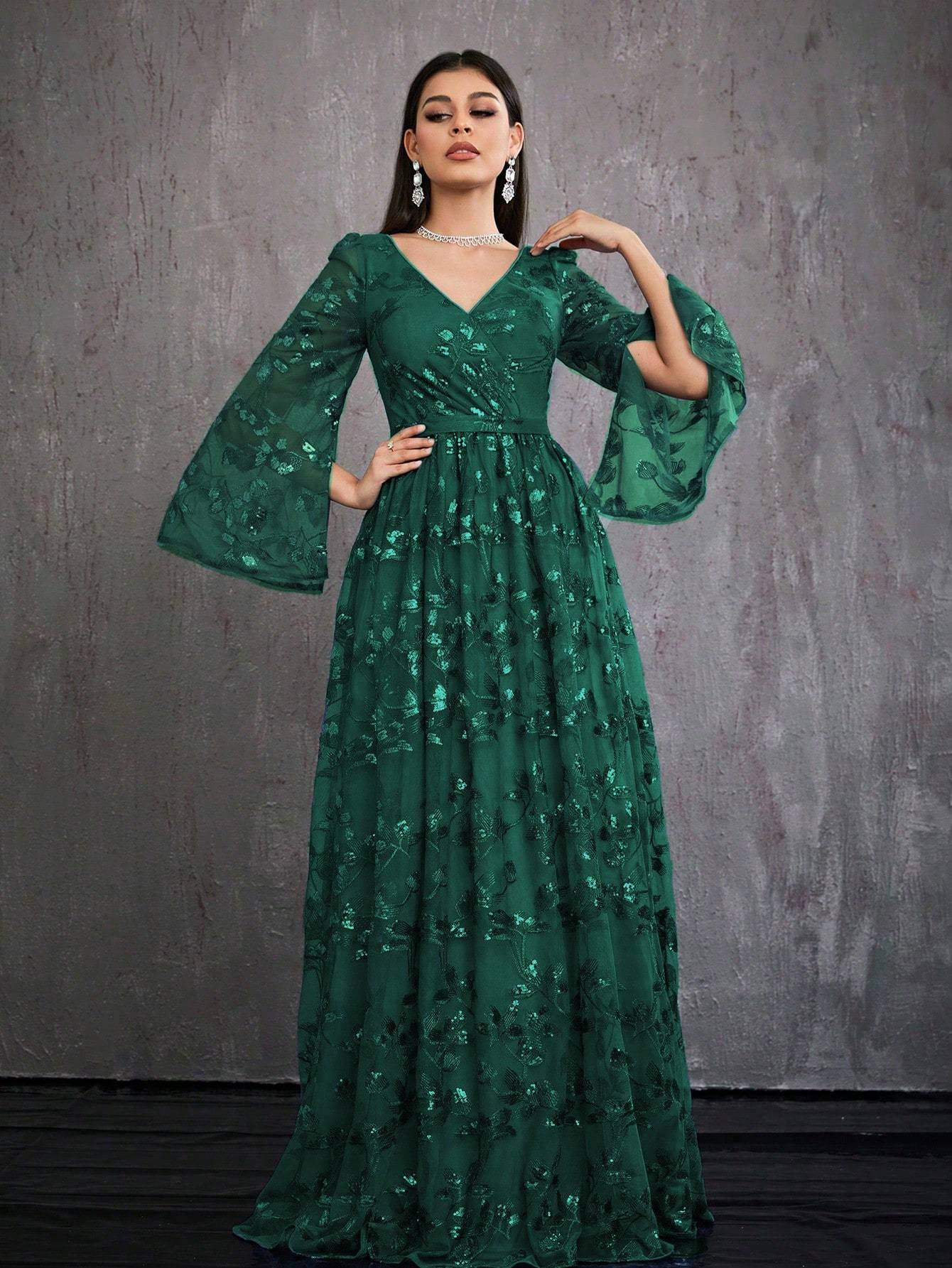 Leely Women's Elegant V Neck Split Sleeve Prom Dress
