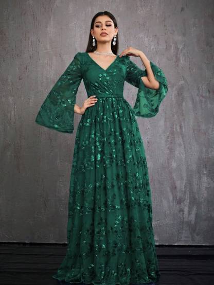 Leely Women's Elegant V Neck Split Sleeve Prom Dress