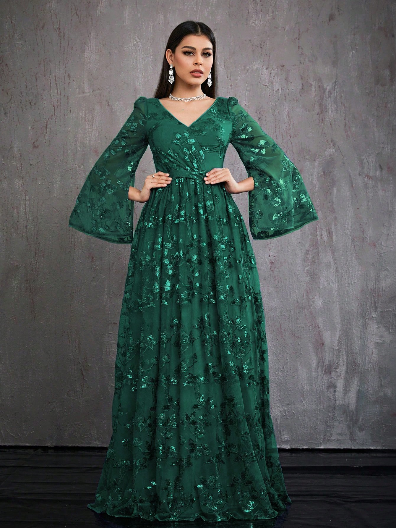 Leely Women's Elegant V Neck Split Sleeve Prom Dress