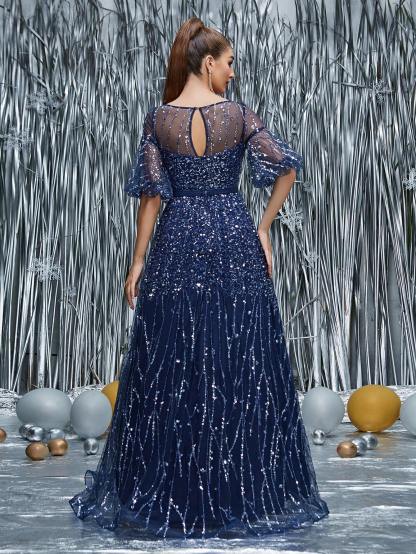 Leely Black Sequin A-Line Evening Gown with Sheer Neckline