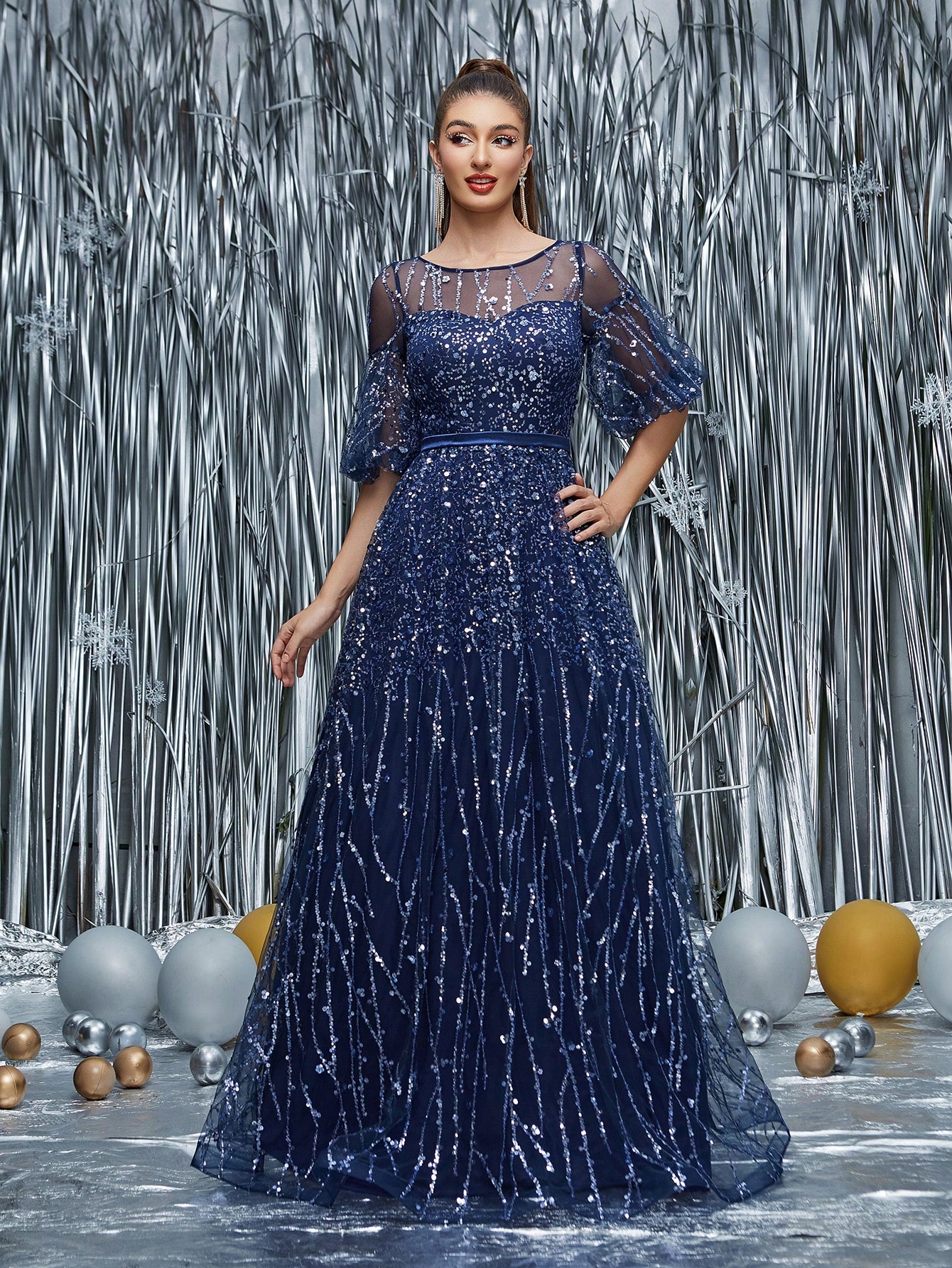 Leely Black Sequin A-Line Evening Gown with Sheer Neckline