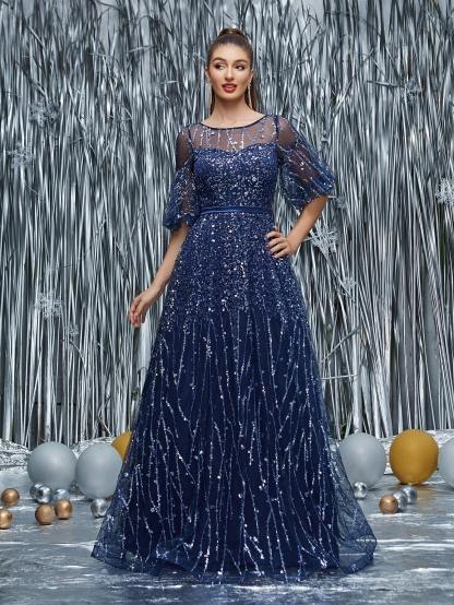 Leely Black Sequin A-Line Evening Gown with Sheer Neckline