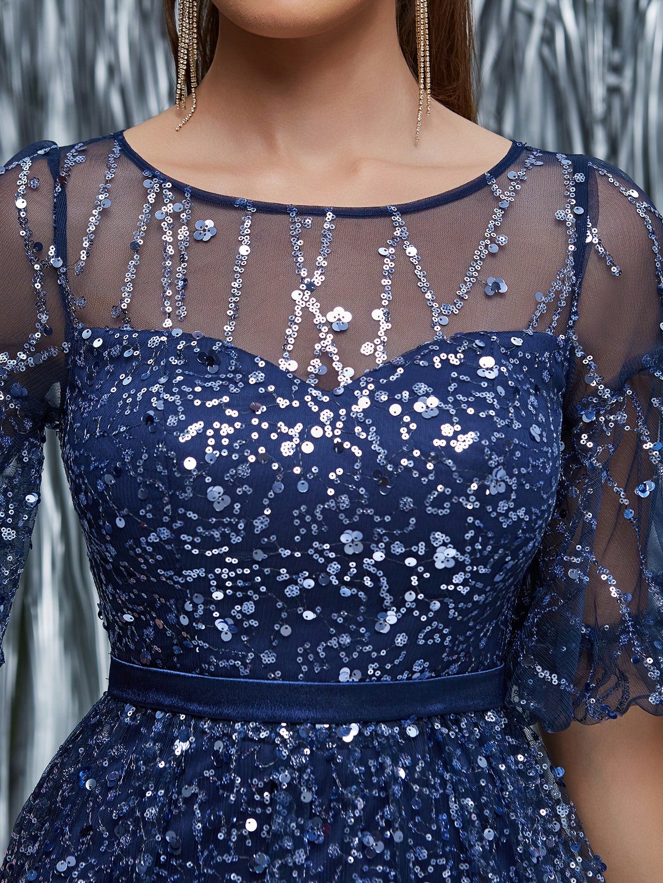 Leely Black Sequin A-Line Evening Gown with Sheer Neckline