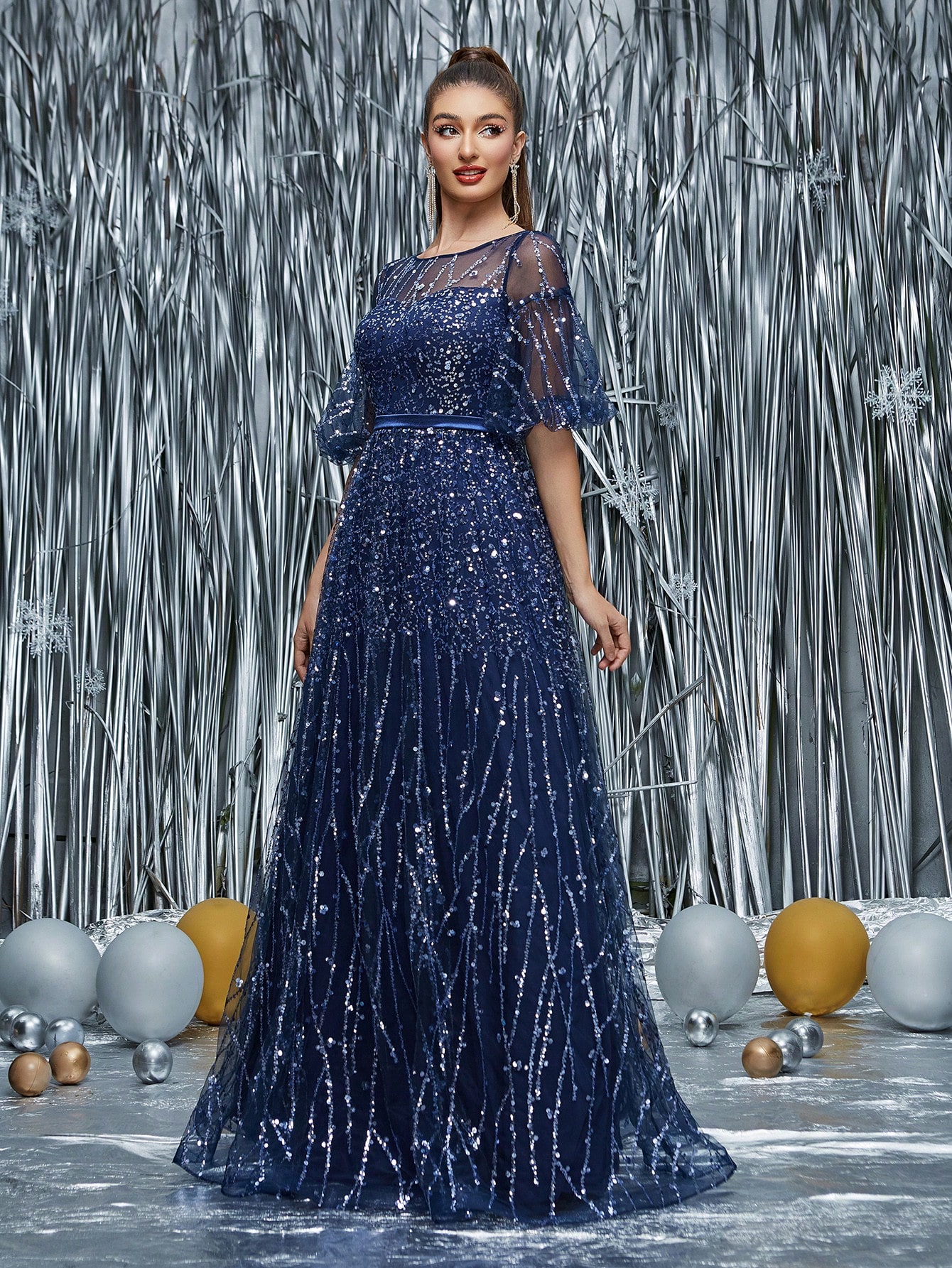 Leely Black Sequin A-Line Evening Gown with Sheer Neckline