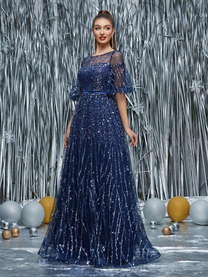 Leely Black Sequin A-Line Evening Gown with Sheer Neckline