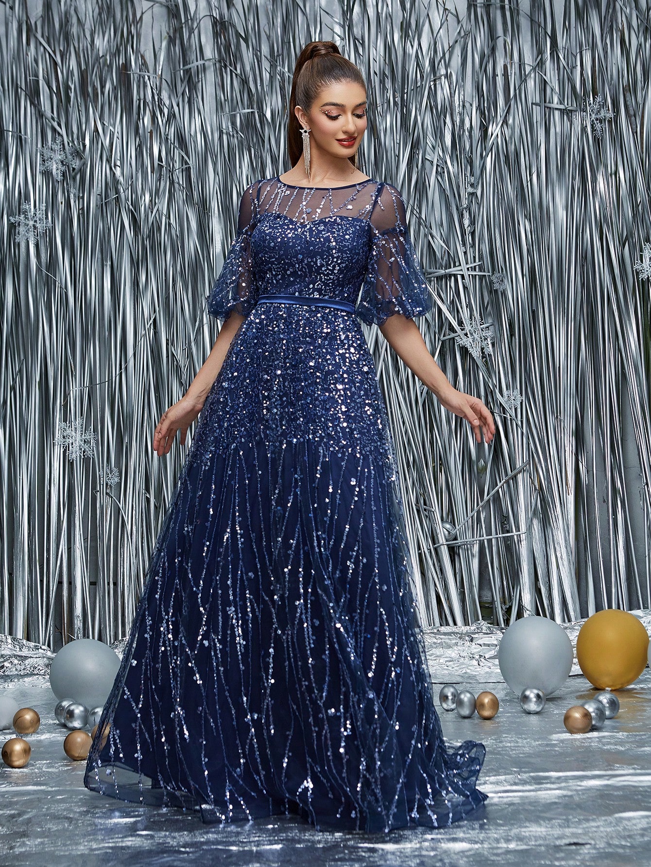 Leely Black Sequin A-Line Evening Gown with Sheer Neckline