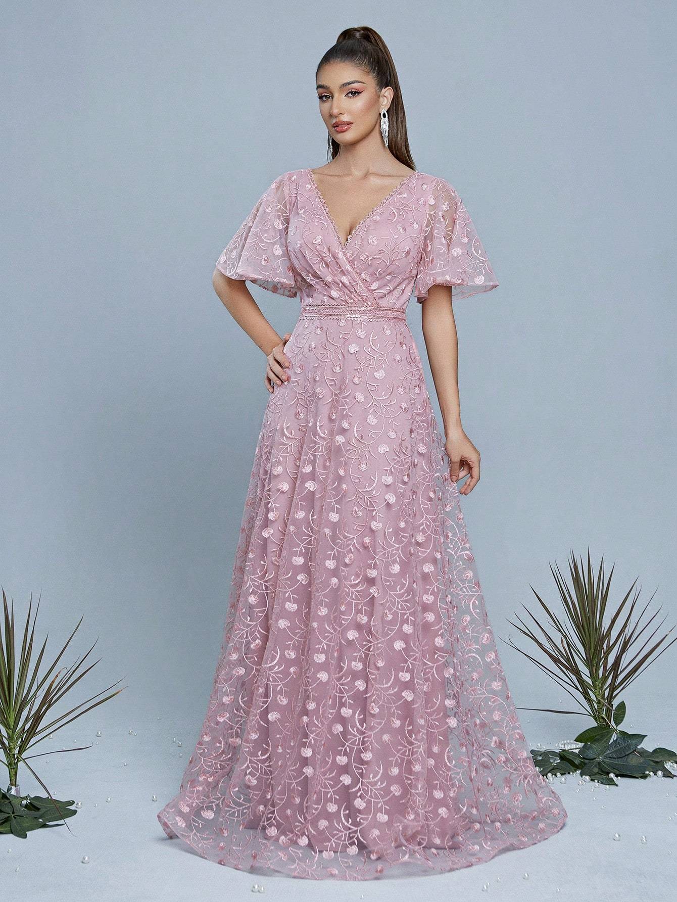 Leely Women's Elegant V Neck Flounce Sleeve Party Dress