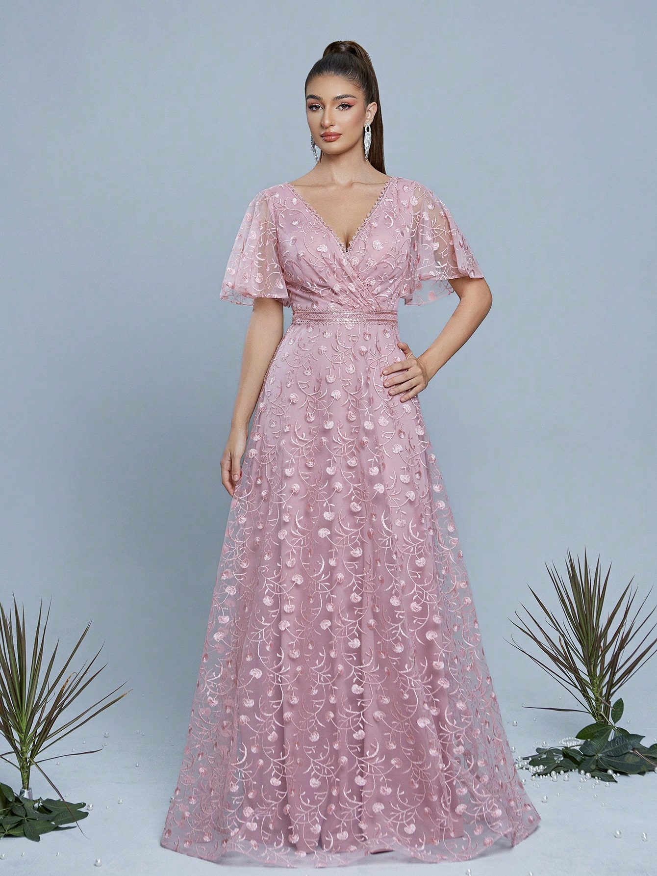 Leely Women's Elegant V Neck Flounce Sleeve Party Dress