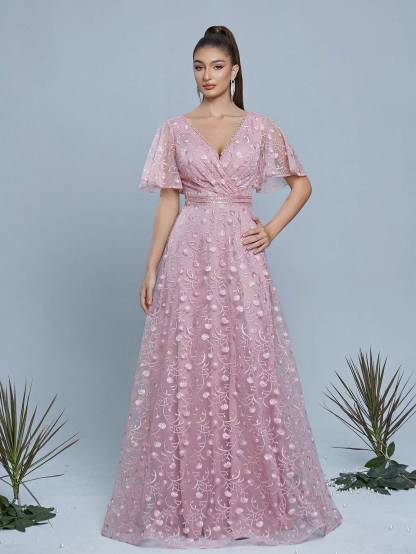 Leely Women's Elegant V Neck Flounce Sleeve Party Dress