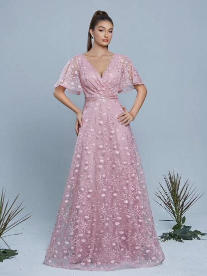 Leely Women's Elegant Sweetheart Cloak Sleeve Lace A-Line Dress