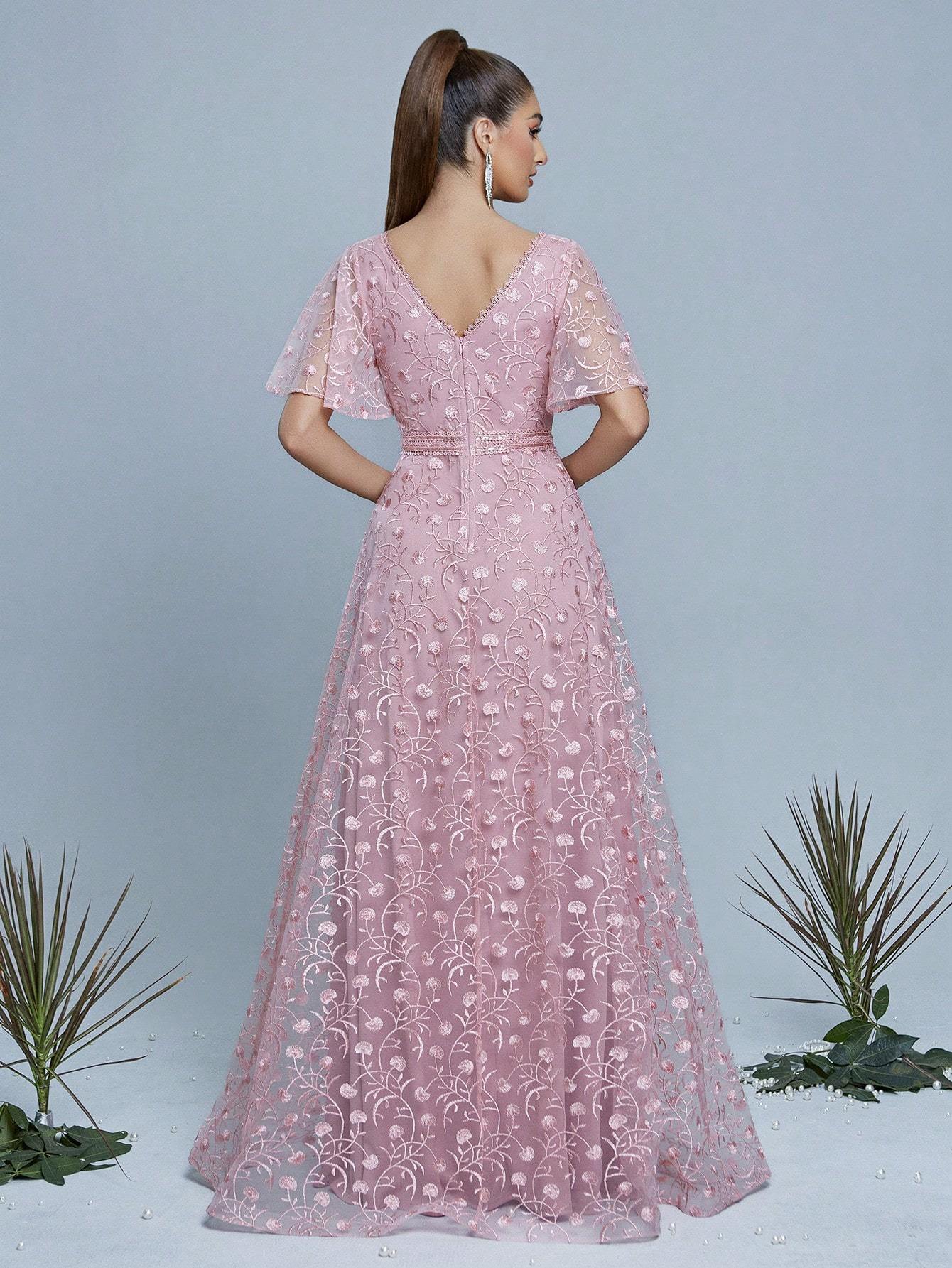Leely Women's Elegant V Neck Flounce Sleeve Party Dress