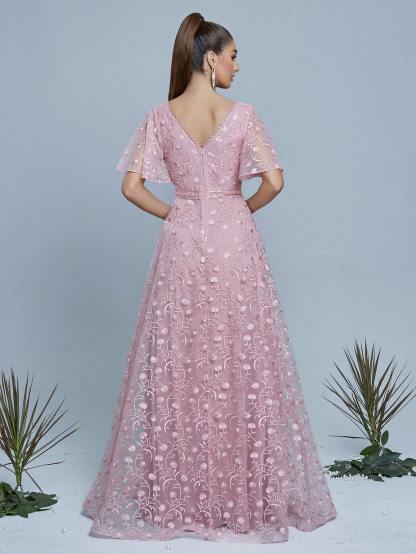 Leely Women's Elegant V Neck Flounce Sleeve Party Dress