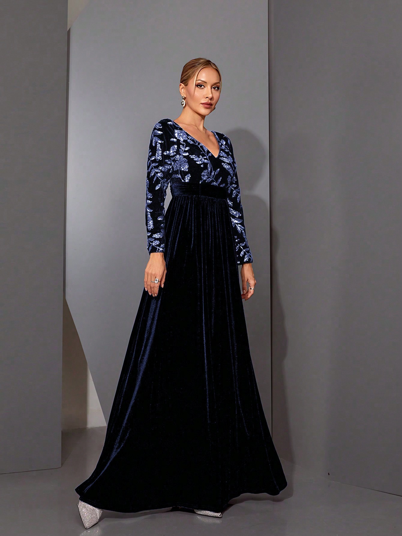 Leely Black Sequin A-Line Evening Gown with Sheer Neckline