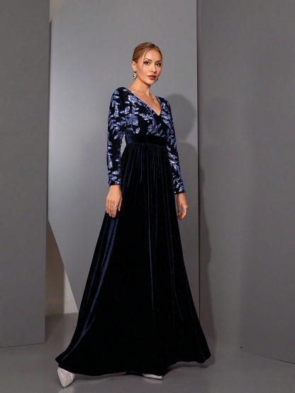 Leely Black Sequin A-Line Evening Gown with Sheer Neckline