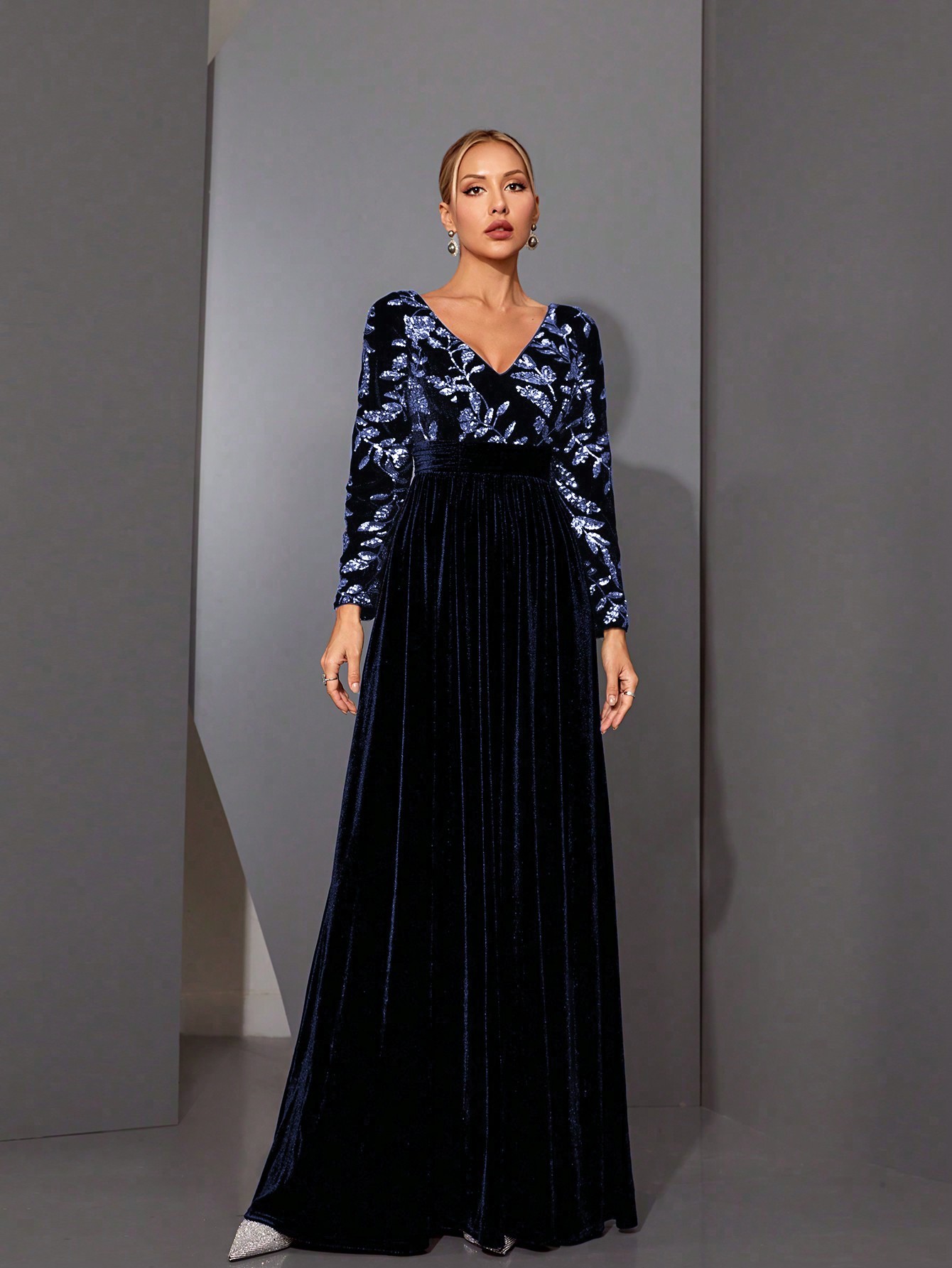 Leely Black Sequin A-Line Evening Gown with Sheer Neckline