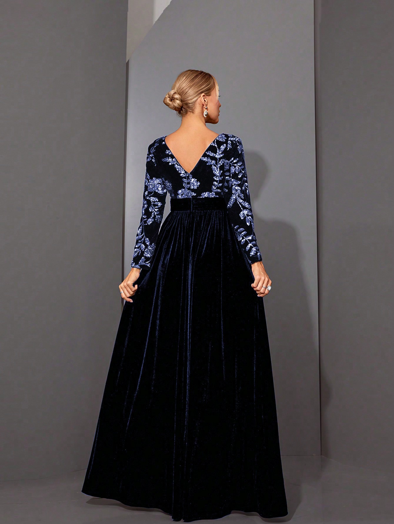 Leely Black Sequin A-Line Evening Gown with Sheer Neckline