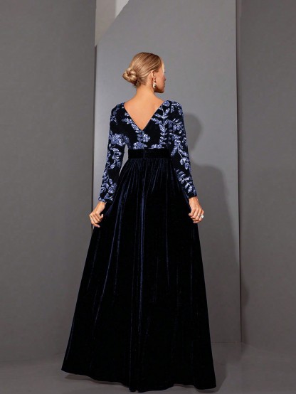 Leely Black Sequin A-Line Evening Gown with Sheer Neckline