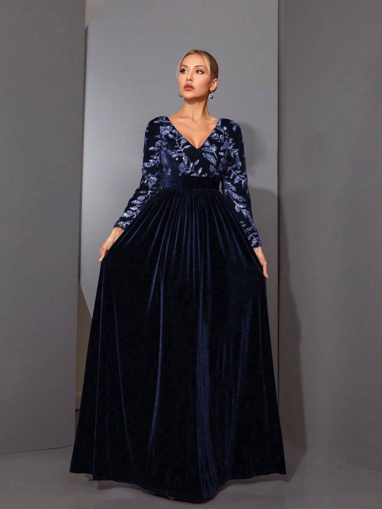 Leely Black Sequin A-Line Evening Gown with Sheer Neckline