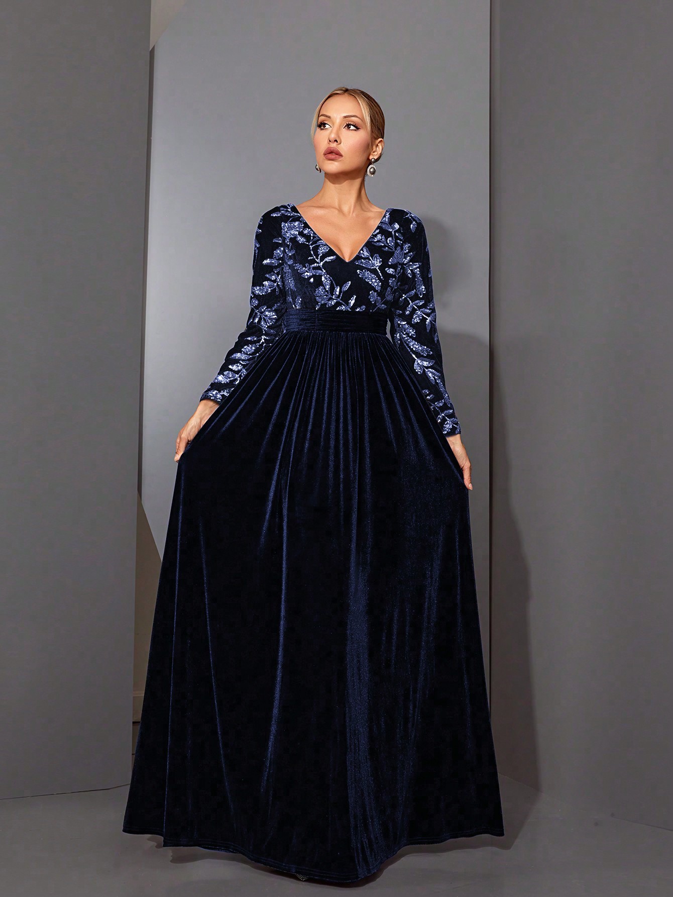 Leely Black Sequin A-Line Evening Gown with Sheer Neckline