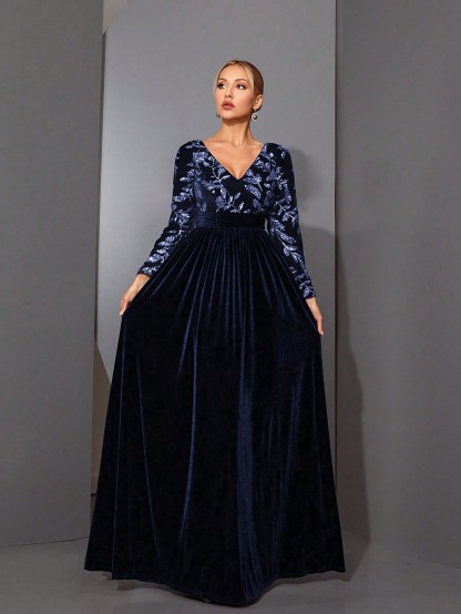 Leely Black Sequin A-Line Evening Gown with Sheer Neckline