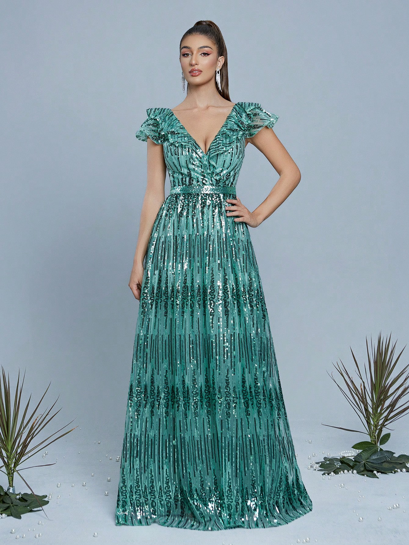 Leely Women's Elegant V Neck Cap Sleeve Prom Dress