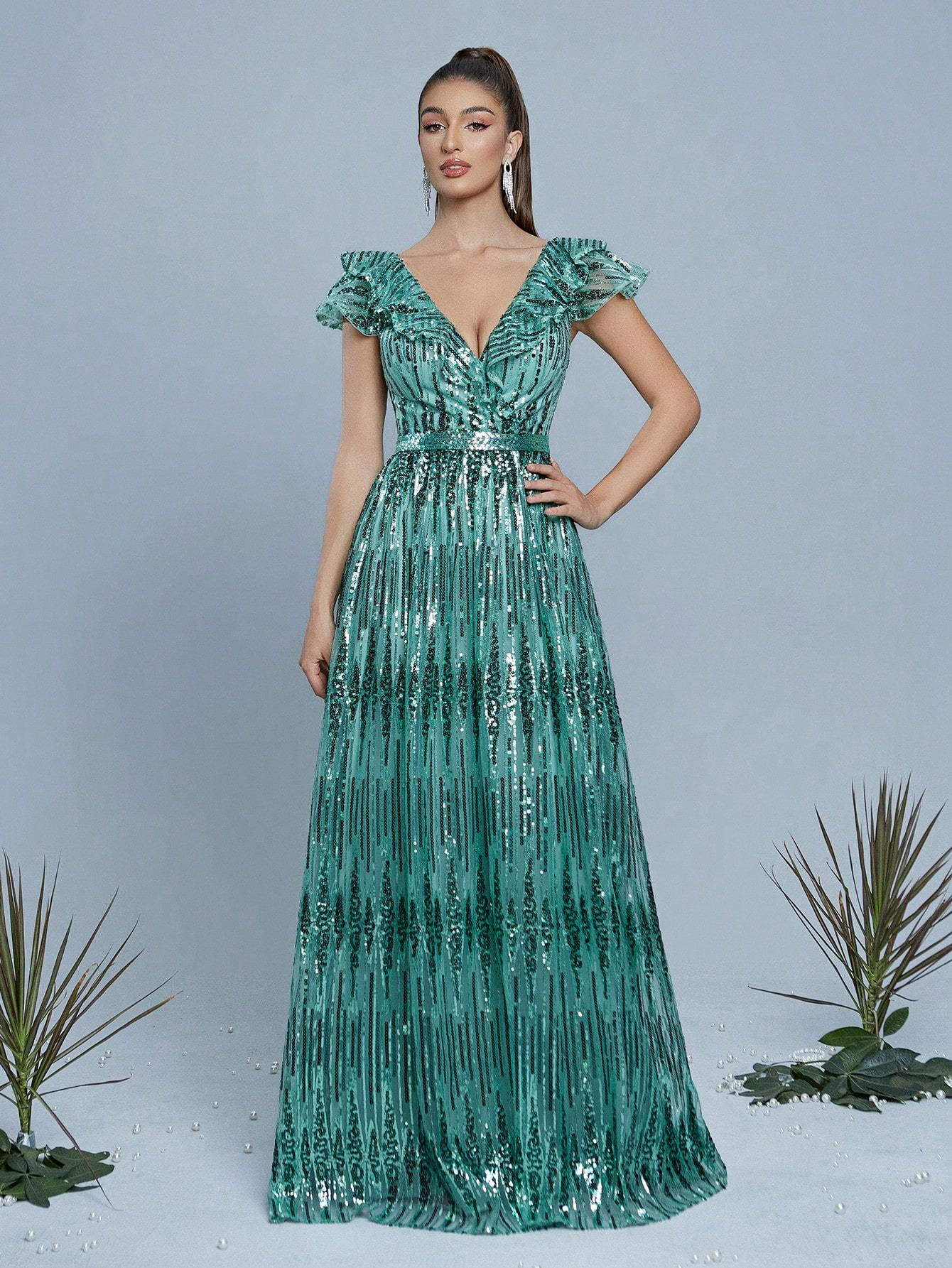 Leely Women's Elegant V Neck Cap Sleeve Prom Dress
