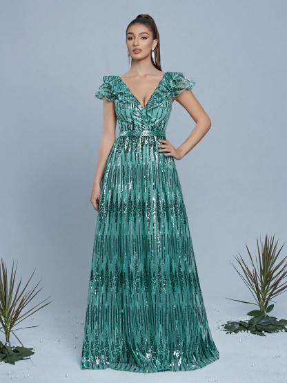 Leely Women's Elegant V Neck Cap Sleeve Prom Dress