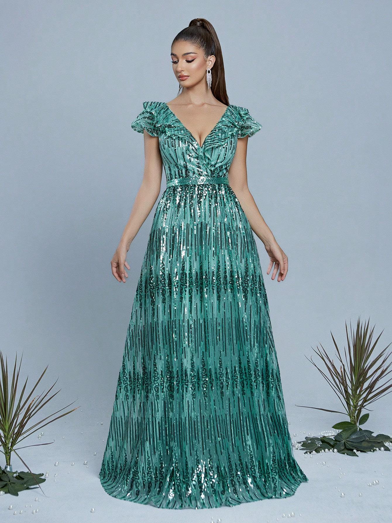 Leely Women's Elegant V Neck Cap Sleeve Prom Dress