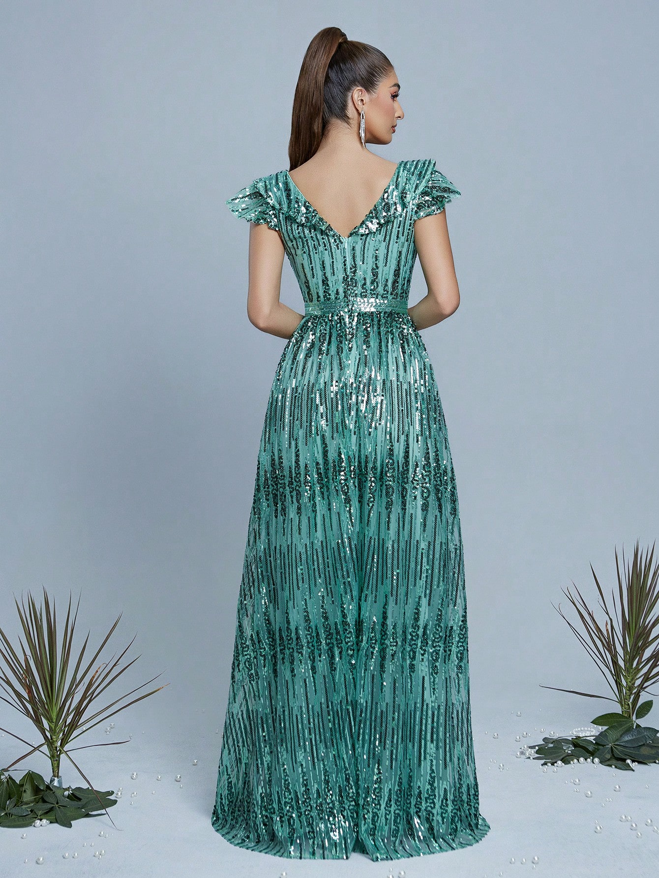 Leely Women's Elegant V Neck Cap Sleeve Prom Dress