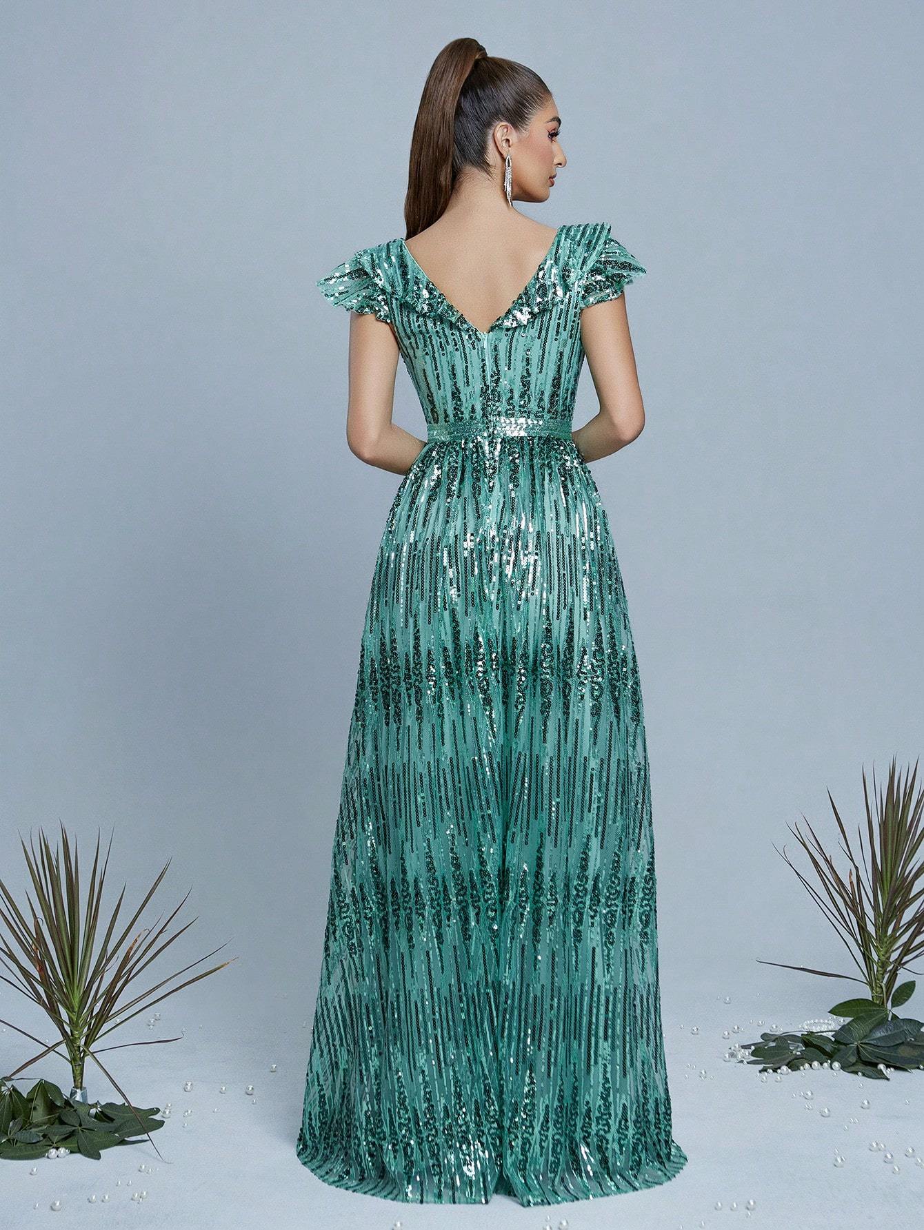 Leely Women's Elegant V Neck Cap Sleeve Prom Dress
