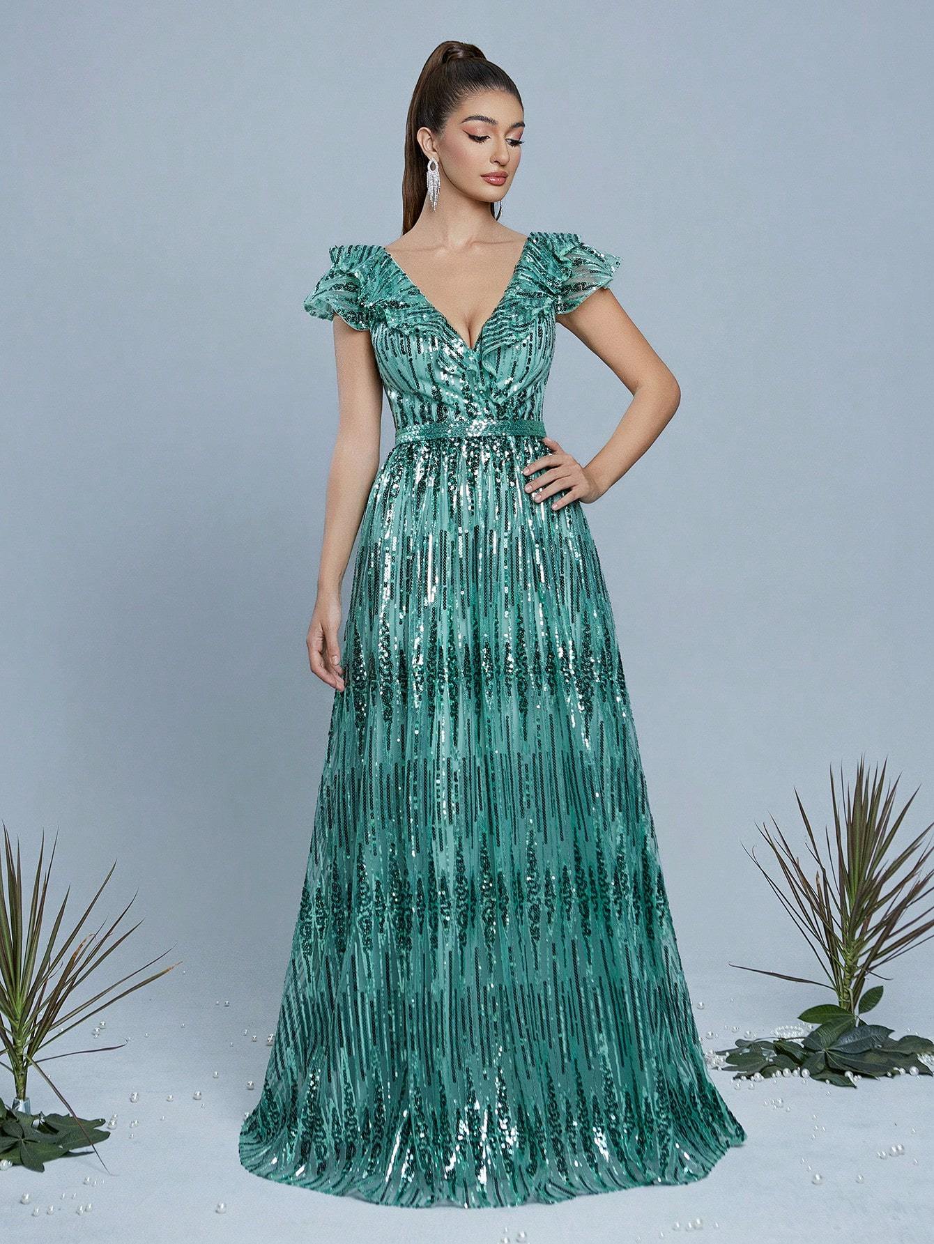 Leely Women's Elegant V Neck Cap Sleeve Prom Dress