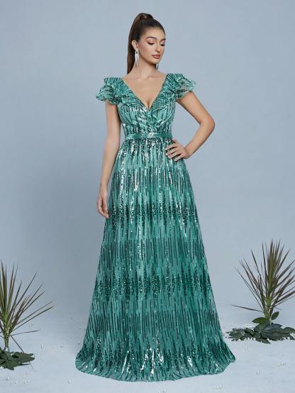 Leely Women's Elegant V Neck Cap Sleeve Prom Dress