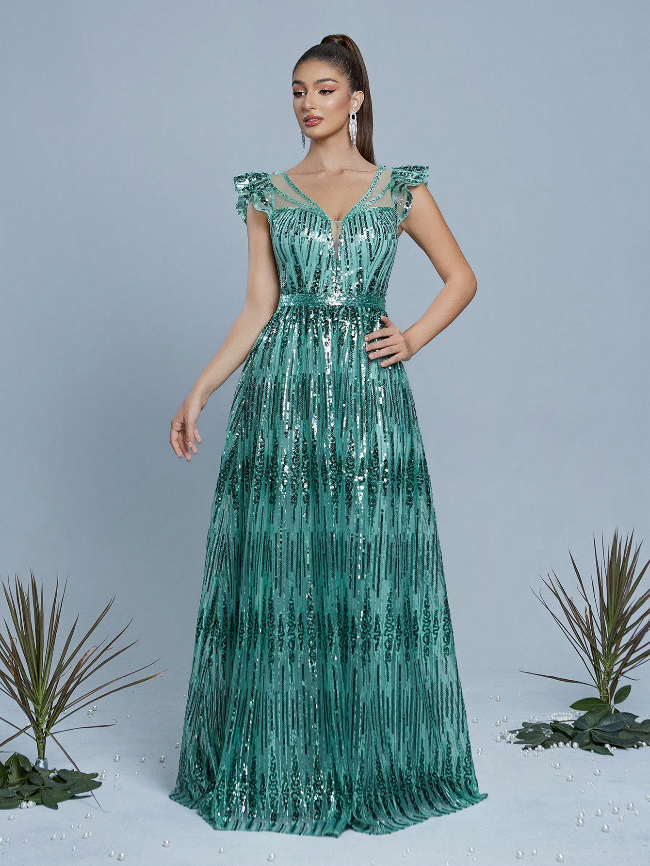 Leely Women's Elegant V Neck Flounce Sleeve Party Dress