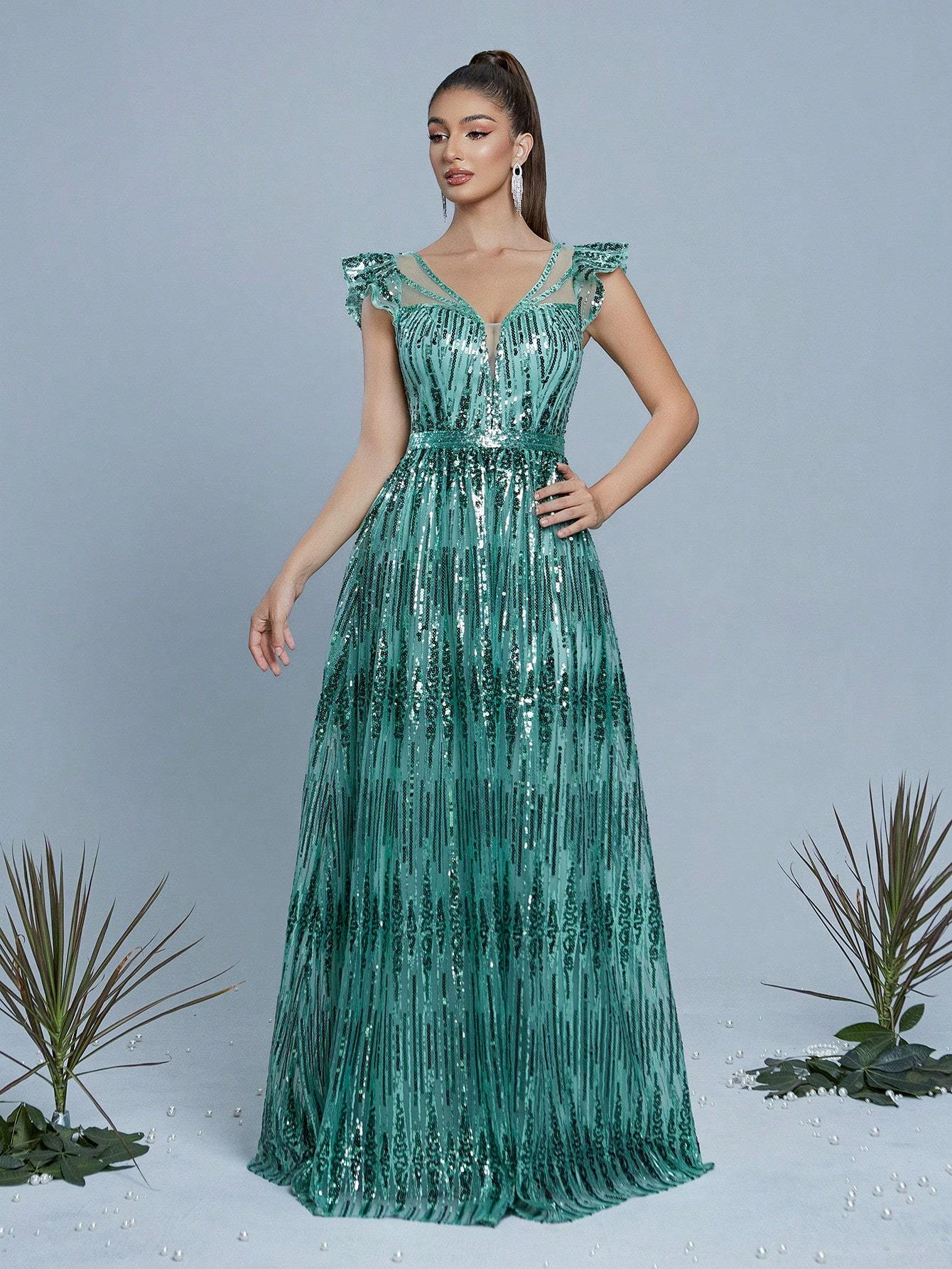 Leely Women's Elegant V Neck Flounce Sleeve Party Dress