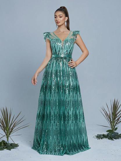 Leely Women's Elegant V Neck Flounce Sleeve Party Dress