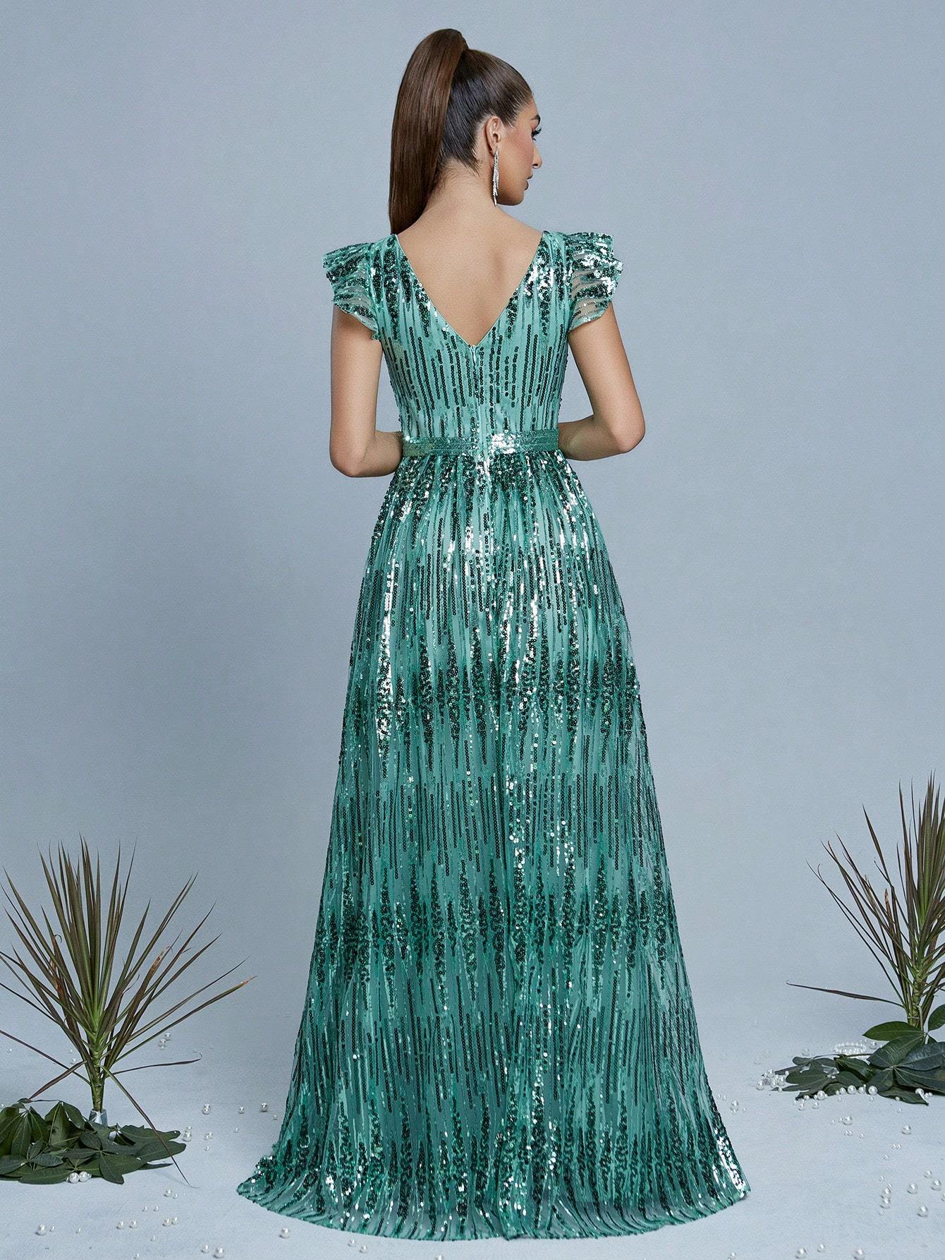 Leely Women's Elegant V Neck Flounce Sleeve Party Dress