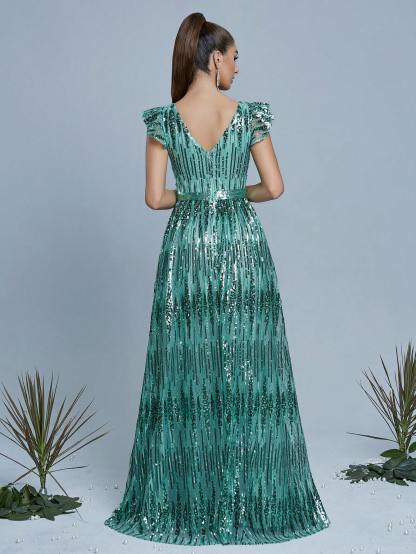 Leely Women's Elegant V Neck Flounce Sleeve Party Dress